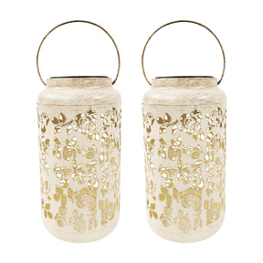 Bliss Outdoors 9-inch Tall 2-Pack Hanging and Tabletop Decorative Solar LED Lantern w/ Unique Rose Design and Antique Hand Painted Finish in the antique white variation.