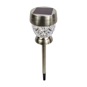 Top-angled view of the Bliss Outdoors 14-inch Tall Stainless Steel Solar Powered LED Pathway Light with a flower pattern design showing its solar panel on top.
