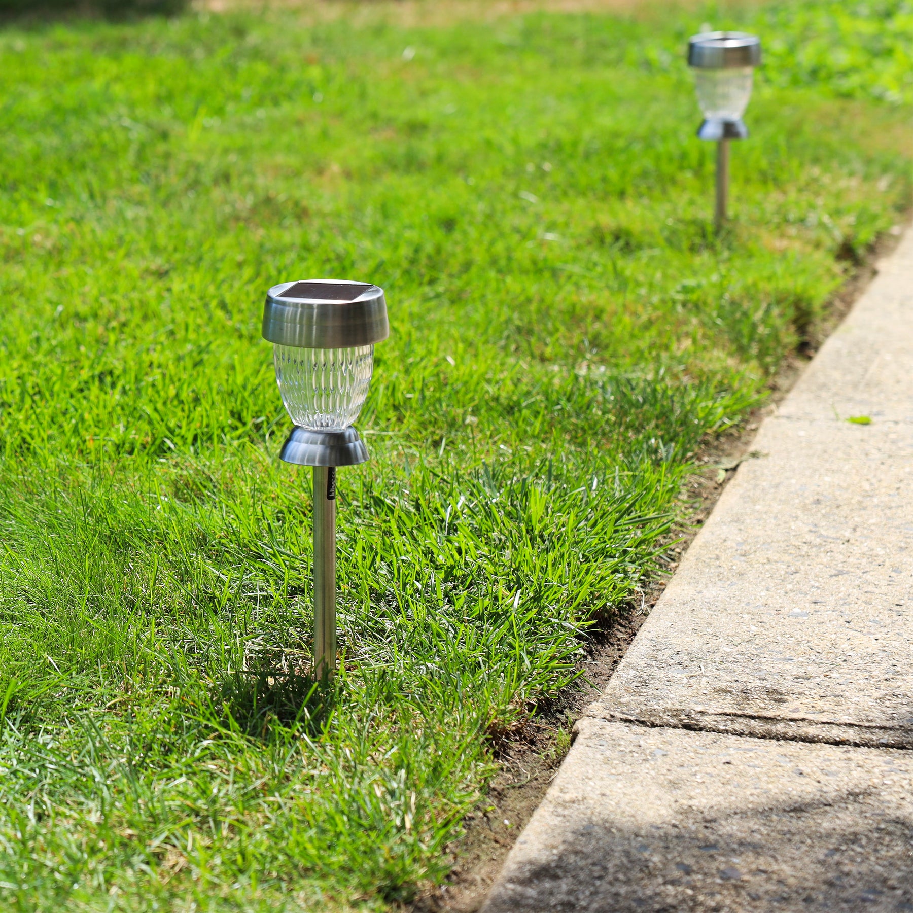 14-inch solar powered LED lights staked in the ground along the side of a pathway.