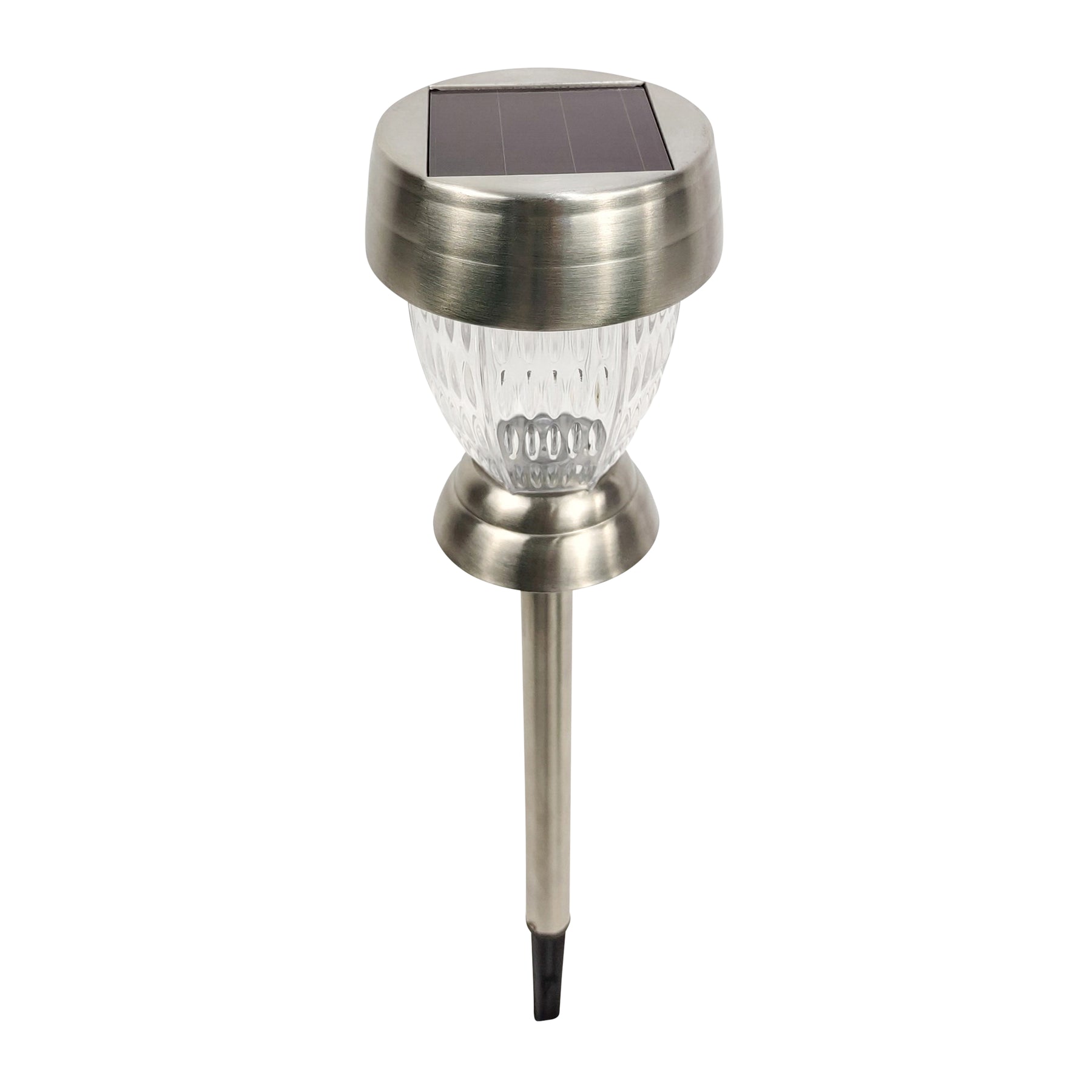 Top-angled view of the Bliss Outdoors 14-inch Tall Stainless Steel Solar Powered LED Pathway Light with a diamond pattern design showing the solar panel on top.