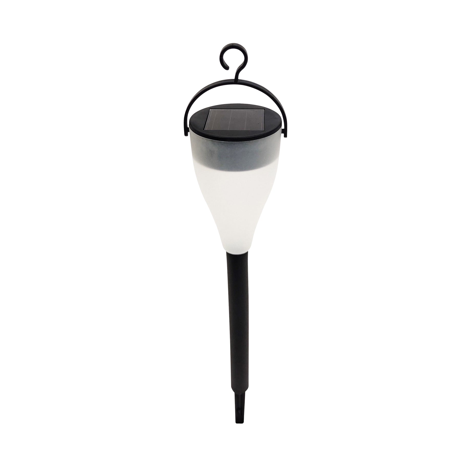Top-angled view of the Bliss Outdoors 14-inch Tall 6-Pack Solar Powered LED Pathway Light with a hanging hook showing the solar panel on top.