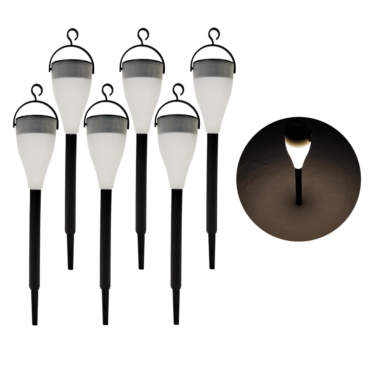 Solar Powered LED Pathway Lights w/ Hanging Hook | 14-in. Tall | 6-Pack | Waterproof IP44