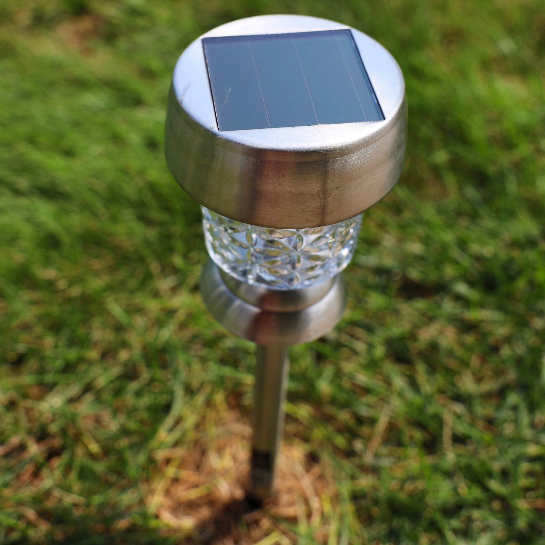 Top-angled view of the 14-inch Stainless Steel Solar Powered LED Pathway Light staked in the ground, showing the solar panel on top.