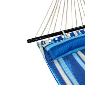 Close-up of the fabric and spreader bar for the Bliss Hammocks 55-inch Wide Ventaleen Breathable Performance 2 Person Hammock with Pillow with blue and white stripes.