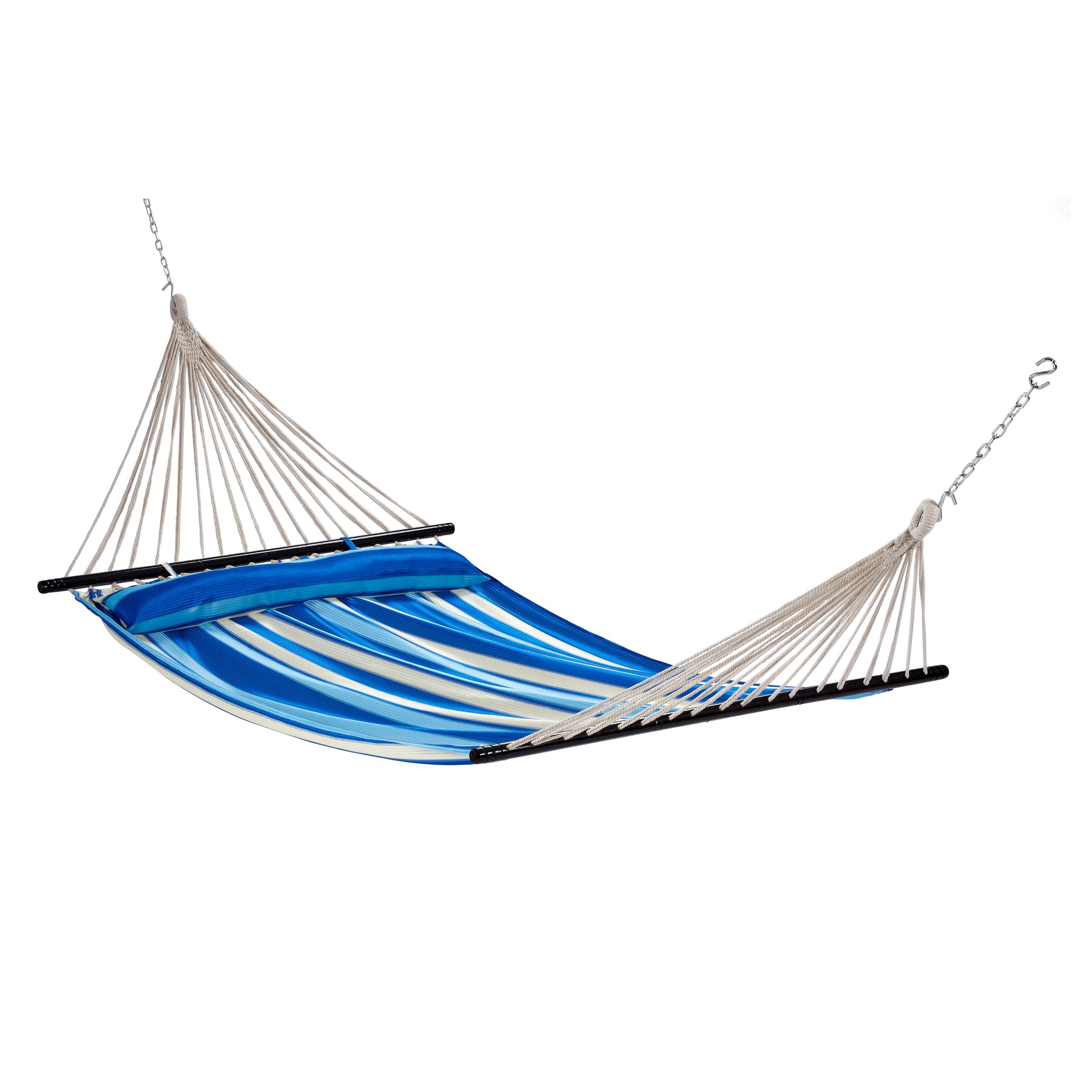 Bliss Hammocks 55-inch Wide Ventaleen Breathable Performance 2 Person Hammock with Pillow with blue and white stripes. S-hooks and chains are attached to the rope loops at the ends.