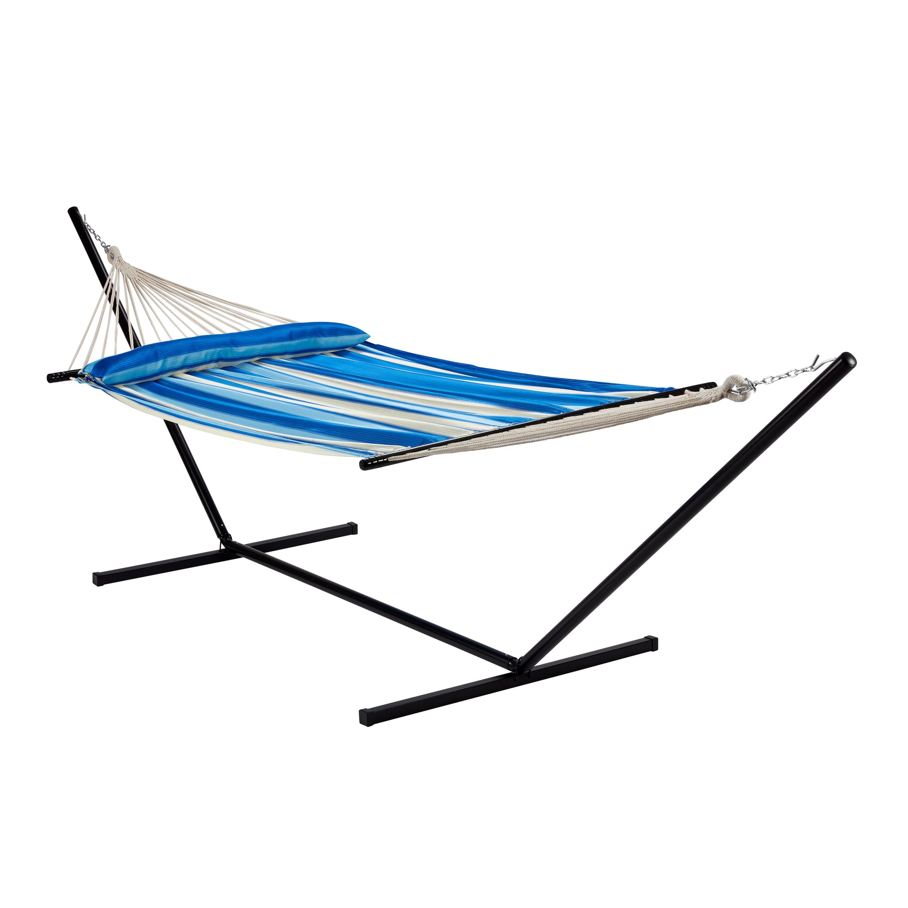 Bliss Hammocks 55-inch Wide Ventaleen Breathable Performance 2 Person Hammock with Pillow with blue and white stripes attached to a Hammock Stand.