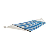 Bliss Hammocks 55-inch Wide Ventaleen Breathable Performance 2 Person Hammock with Pillow and blue and white stripes.