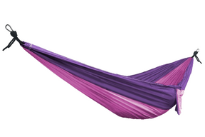 Bliss Hammocks 52-inch Wide Hammock in a Bag with Carabiners and Tree Straps in the pink and purple variation: purple on the top half and pink on the bottom.