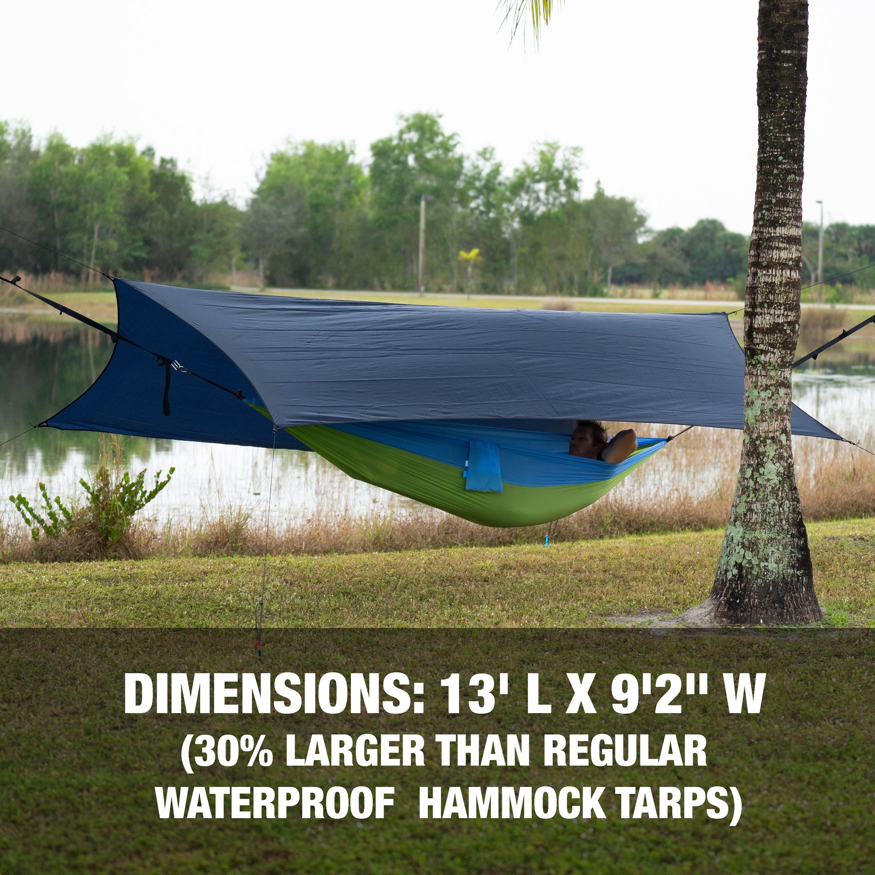 Dimensions: 13 feet long, 9 feet and 2 inches wide. 30 percent larger than regular waterproof hammock tarps.
