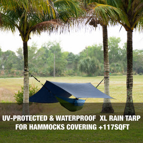 UV-protected and waterproof XL rain tarp for hammocks covering 117 square feet.