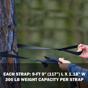 Each strap is 117 inches long and 1.18 inches wide, with a 300 pound weight capacity per strap.