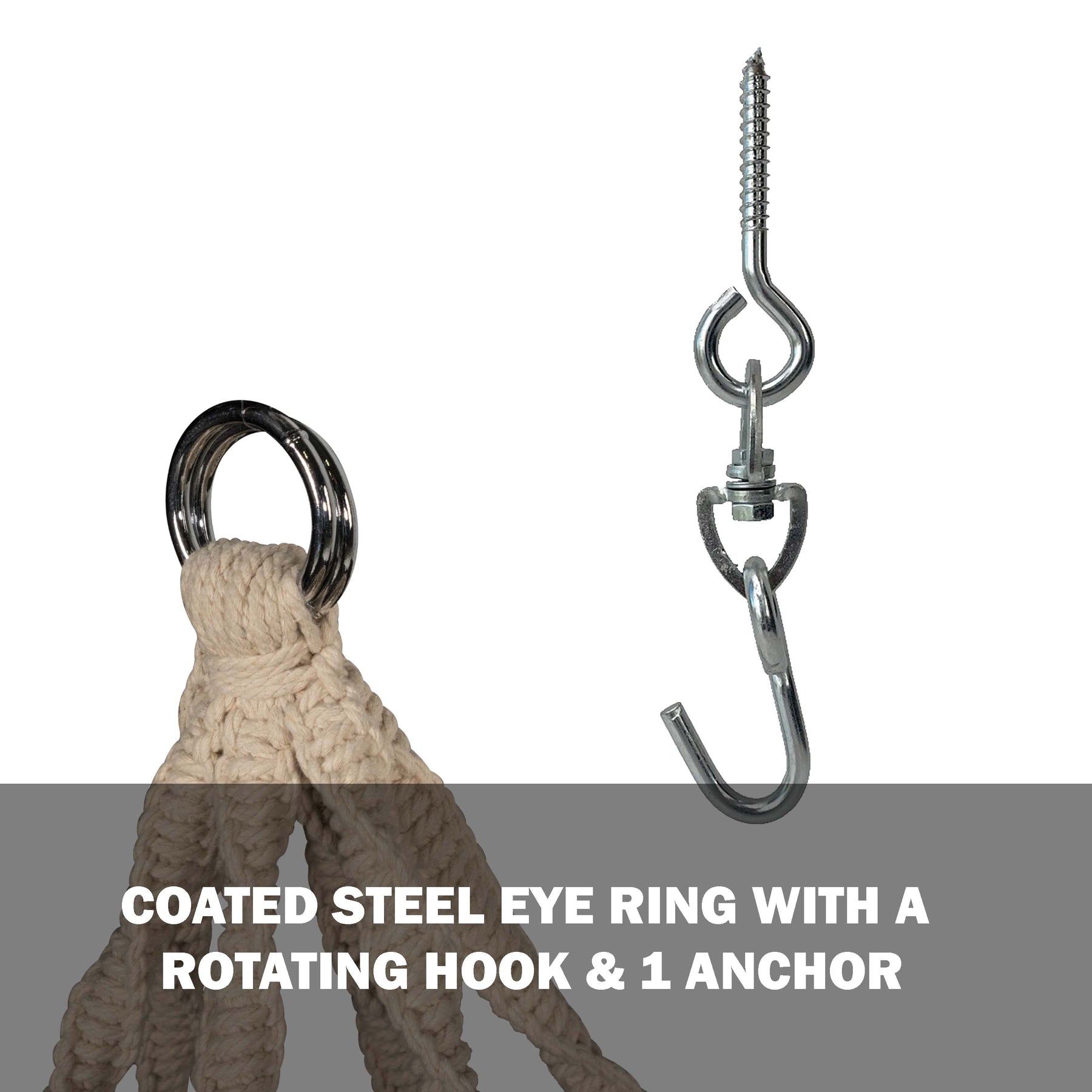 Coated steel eye ring with a rotating hook and an anchor.