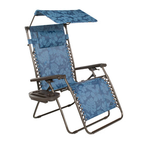 Bliss Hammocks 30-inch Wide XL Zero Gravity Chair with Adjustable Canopy Sun-Shade, Drink Tray, and Adjustable Pillow in the blue flower variation.