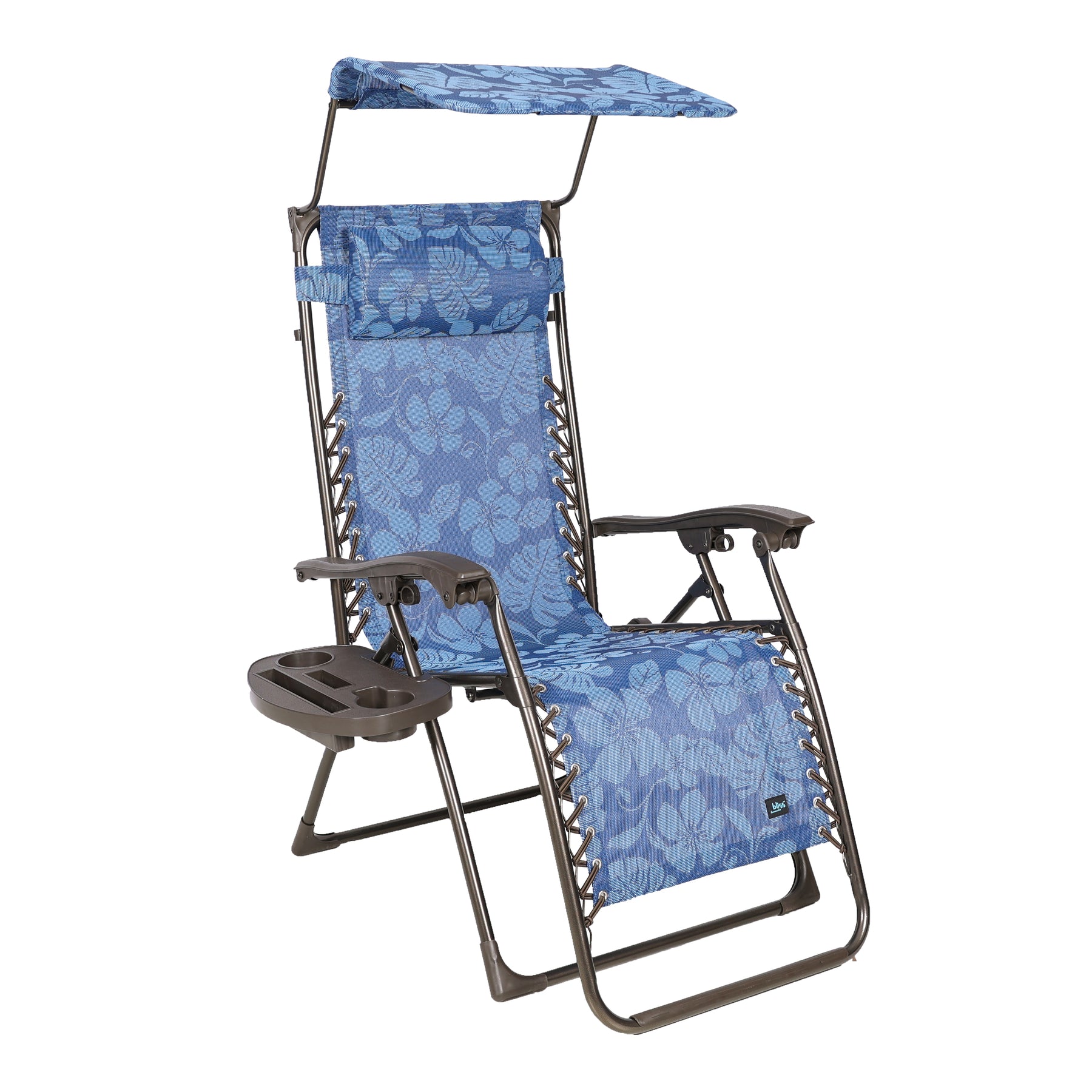 Angled view of a Bliss Hammocks 26-inch Gravity Free Chair with a canopy and drink tray in the blue flowers variation.