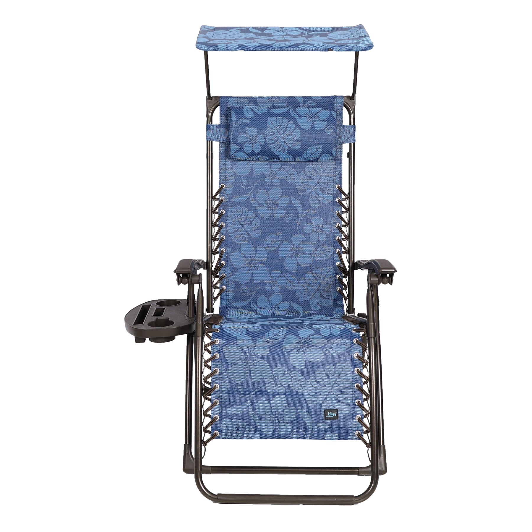 Front view of a Bliss Hammocks 26-inch Gravity Free Chair with a canopy and drink tray in the blue flowers variation.