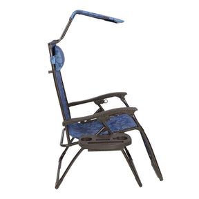 Side view of a Bliss Hammocks 26-inch Gravity Free Chair with a canopy and drink tray in the blue flowers variation.