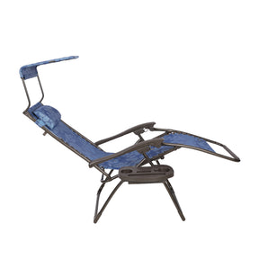 Side view of a reclined Bliss Hammocks 26-inch Gravity Free Chair with a canopy and drink tray in the blue flowers variation.