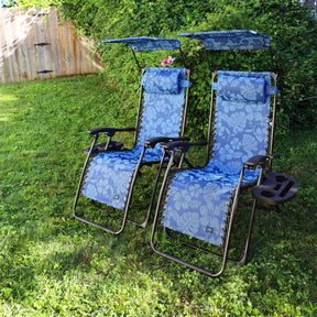 Set of 2 26-inch Blue Flower Zero Gravity Chairs on a lawn.