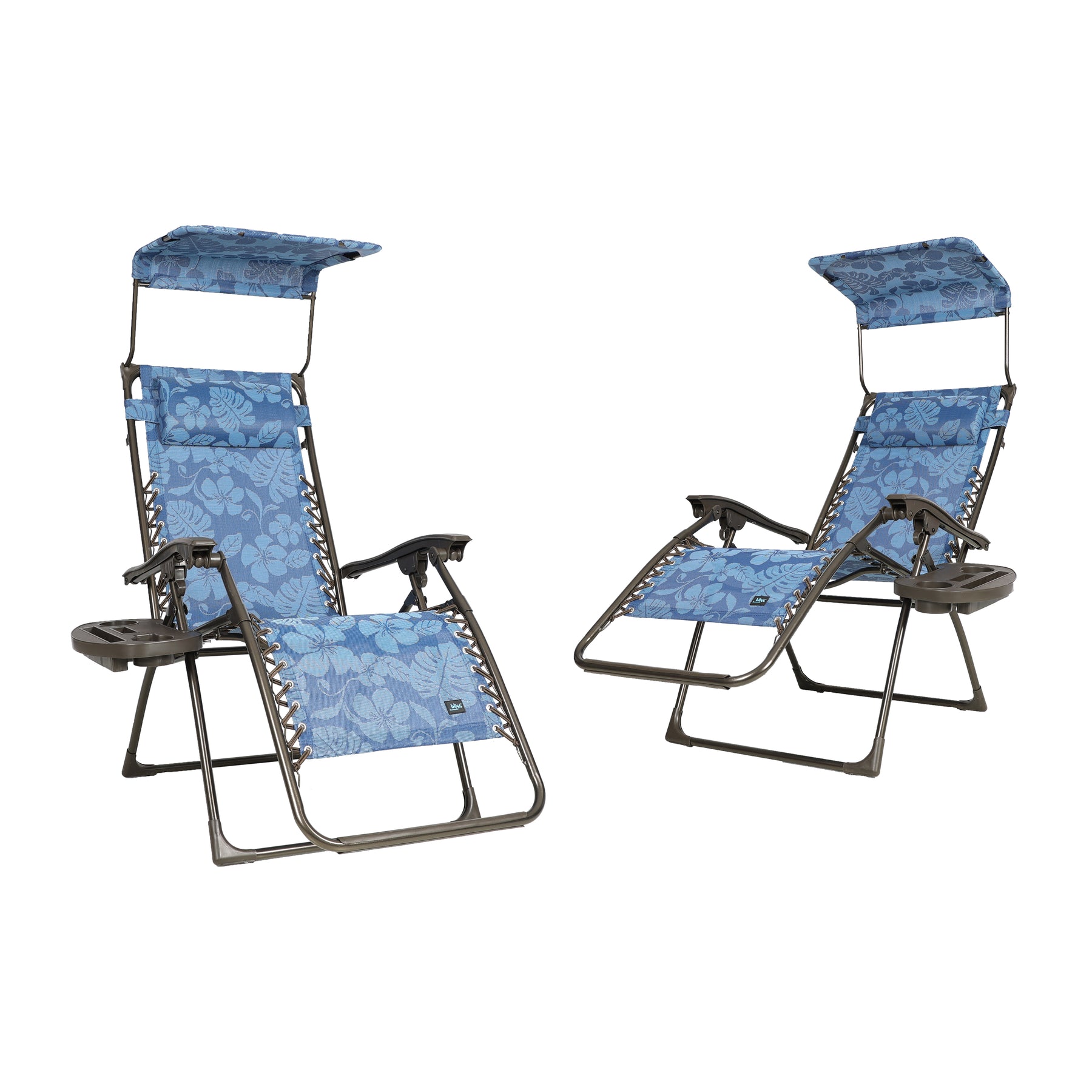 Bliss Hammocks Set of 2 26-inch Zero Gravity Chairs with Adjustable Canopy Sun-Shade, Drink Tray, and Pillow. Blue Flower variation is a blue color with a flower pattern.