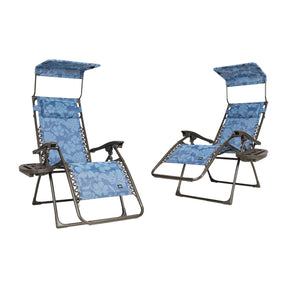 Bliss Hammocks Set of 2 26-inch Zero Gravity Chairs with Adjustable Canopy Sun-Shade, Drink Tray, and Pillow. Blue Flower variation is a blue color with a flower pattern.
