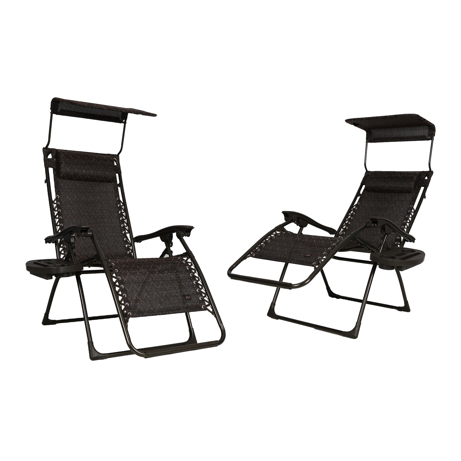 Bliss Hammocks Set of 2 26-inch Zero Gravity Chairs with Adjustable Canopy Sun-Shade, Drink Tray, and Pillow. Brown Leaves variation is a dark brown color with a leaf pattern.