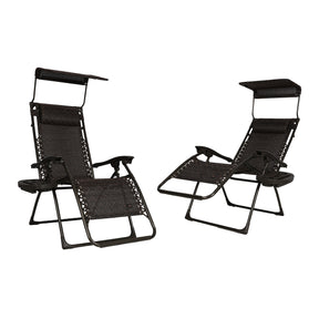 Bliss Hammocks Set of 2 26-inch Zero Gravity Chairs with Adjustable Canopy Sun-Shade, Drink Tray, and Pillow. Brown Leaves variation is a dark brown color with a leaf pattern.