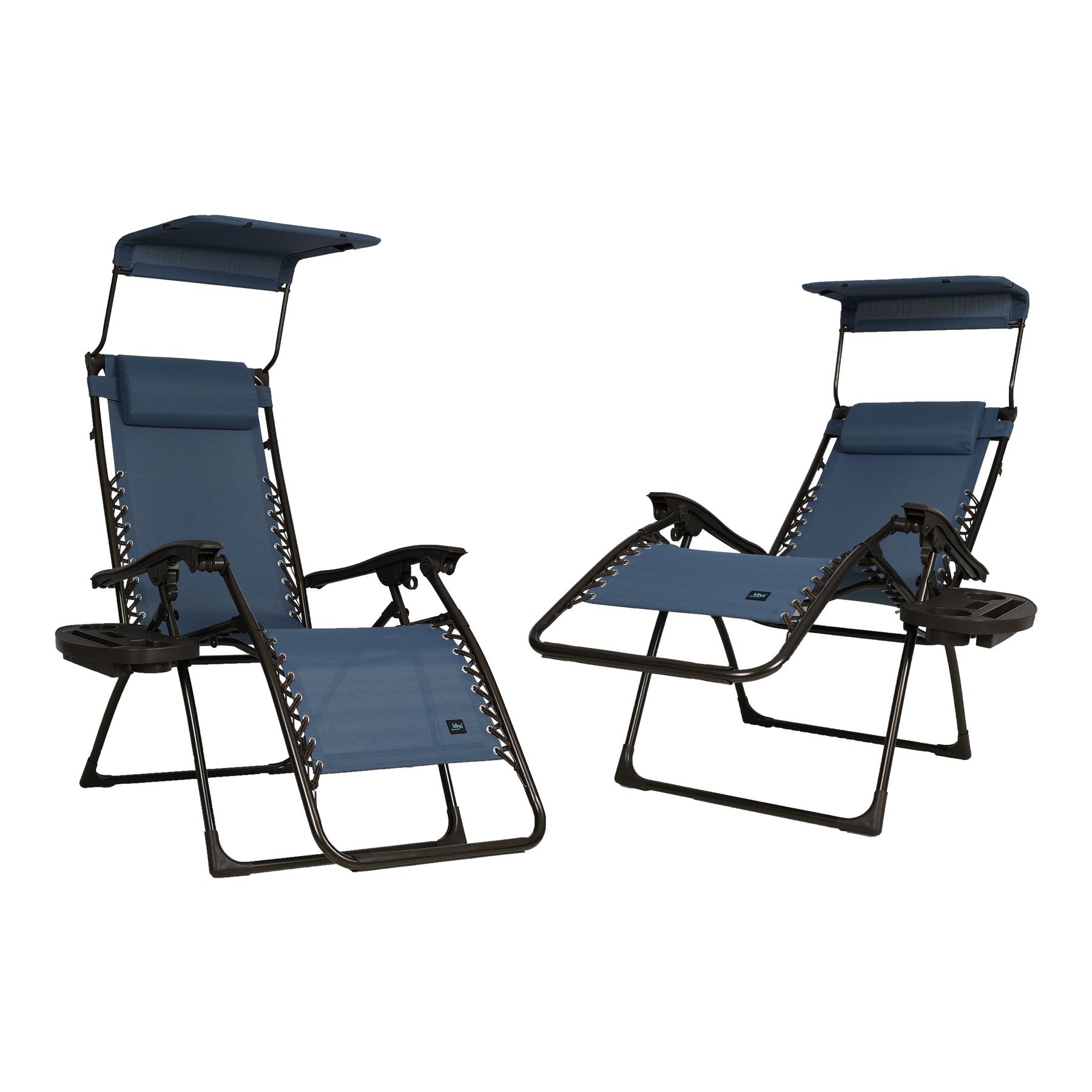 Bliss Hammocks Set of 2 26-inch Zero Gravity Chairs with Adjustable Canopy Sun-Shade, Drink Tray, and Pillow. Denim blue variation is a solid denim blue color.