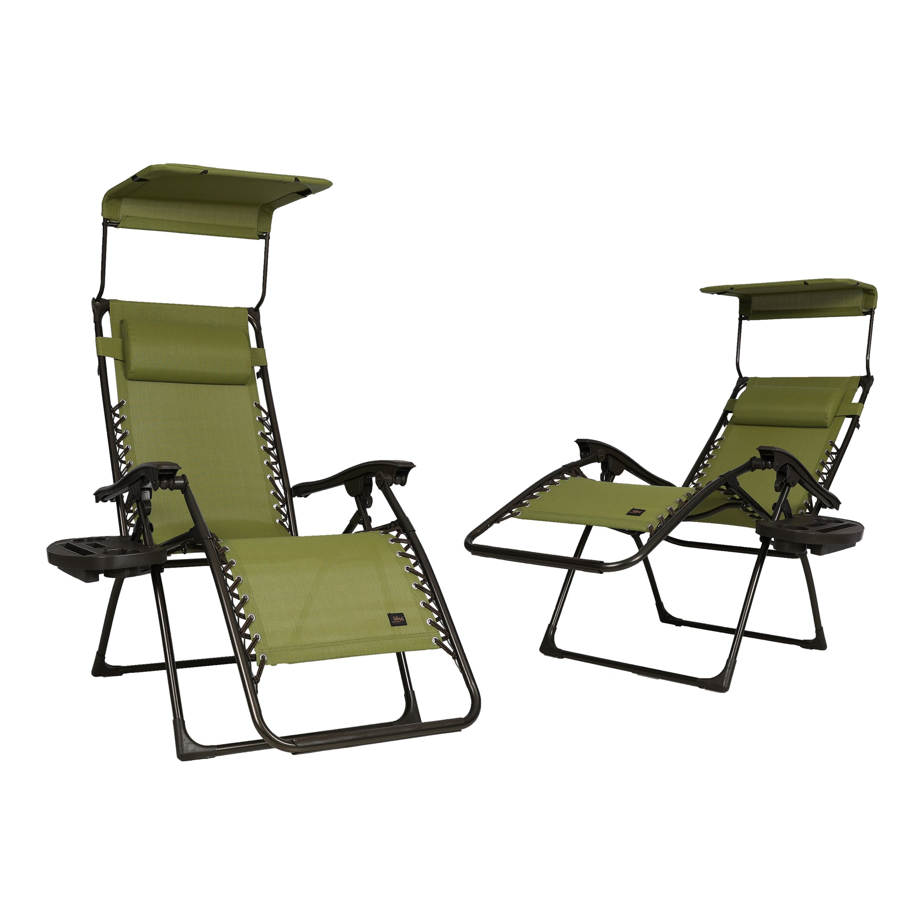 Bliss Hammocks Set of 2 26-inch Zero Gravity Chairs with Adjustable Canopy Sun-Shade, Drink Tray, and Pillow. Sage Green variation is a solid sage green color.
