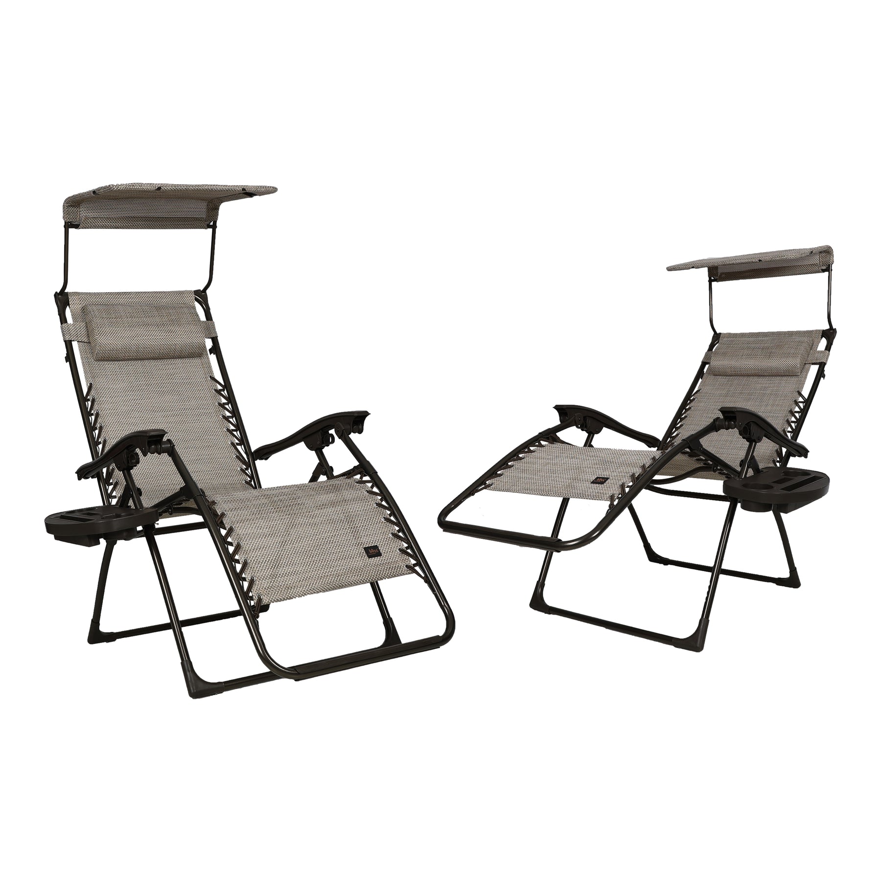 Bliss Hammocks Set of 2 26-inch Zero Gravity Chairs with Adjustable Canopy Sun-Shade, Drink Tray, and Pillow. Sand variation is a solid sand color.