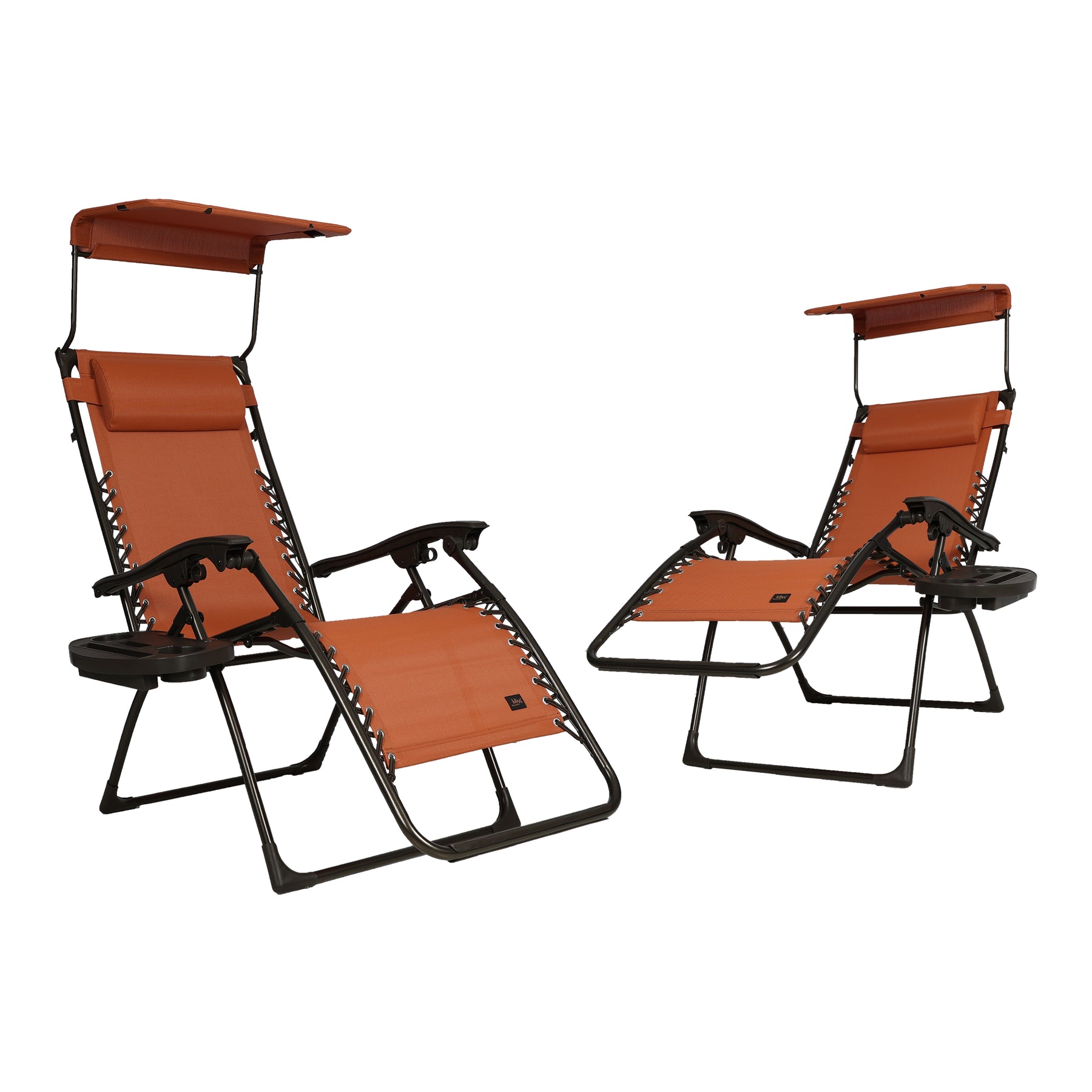 Bliss Hammocks Set of 2 26-inch Zero Gravity Chairs with Adjustable Canopy Sun-Shade, Drink Tray, and Pillow. Terracotta variation is a solid dark rust color.