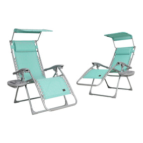 Bliss Hammocks Set of 2 26-inch Zero Gravity Chairs with Adjustable Canopy Sun-Shade, Drink Tray, and Pillow. Teal Genome variation is a bright teal color with a geometric pattern.