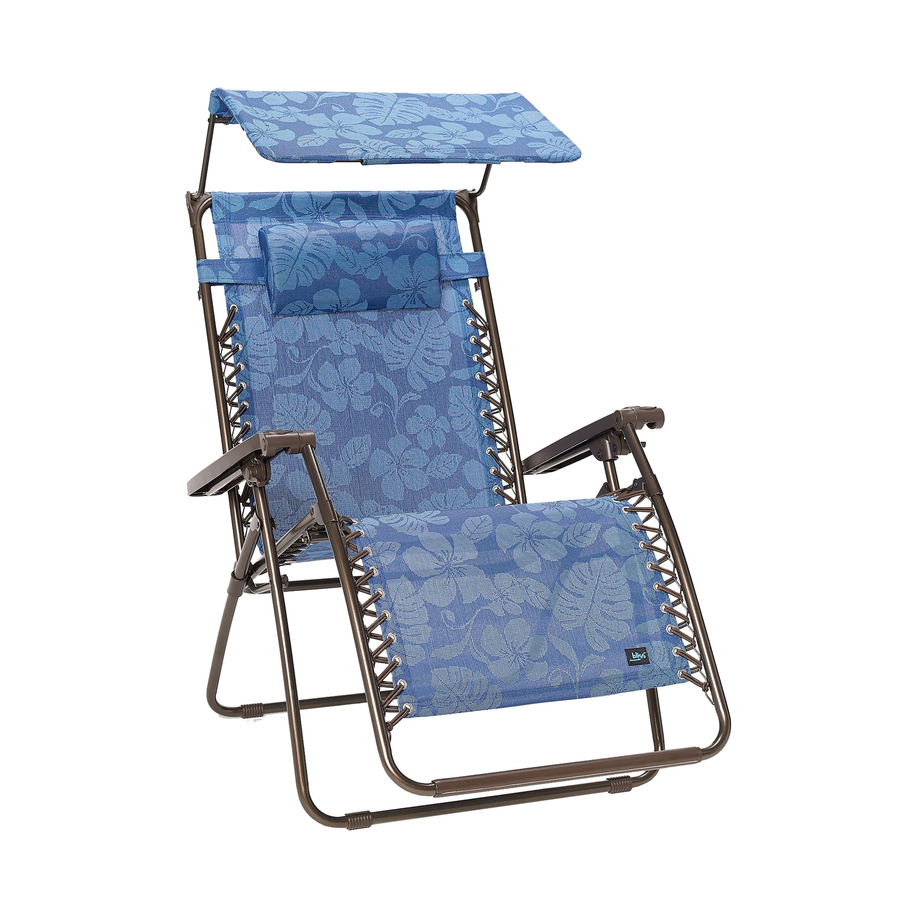 Bliss Hammocks 30-inch Wide XL Zero Gravity Chair with Canopy in the blue flowers variation.