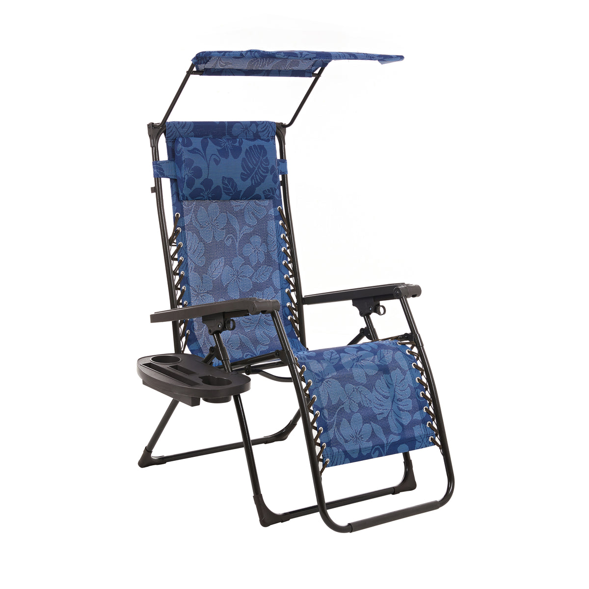 Bliss Hammocks 26-inch Wide Zero Gravity Chair with Adjustable Canopy Sun-Shade, Drink Tray, and Adjustable Pillow in the blue flowers variation.