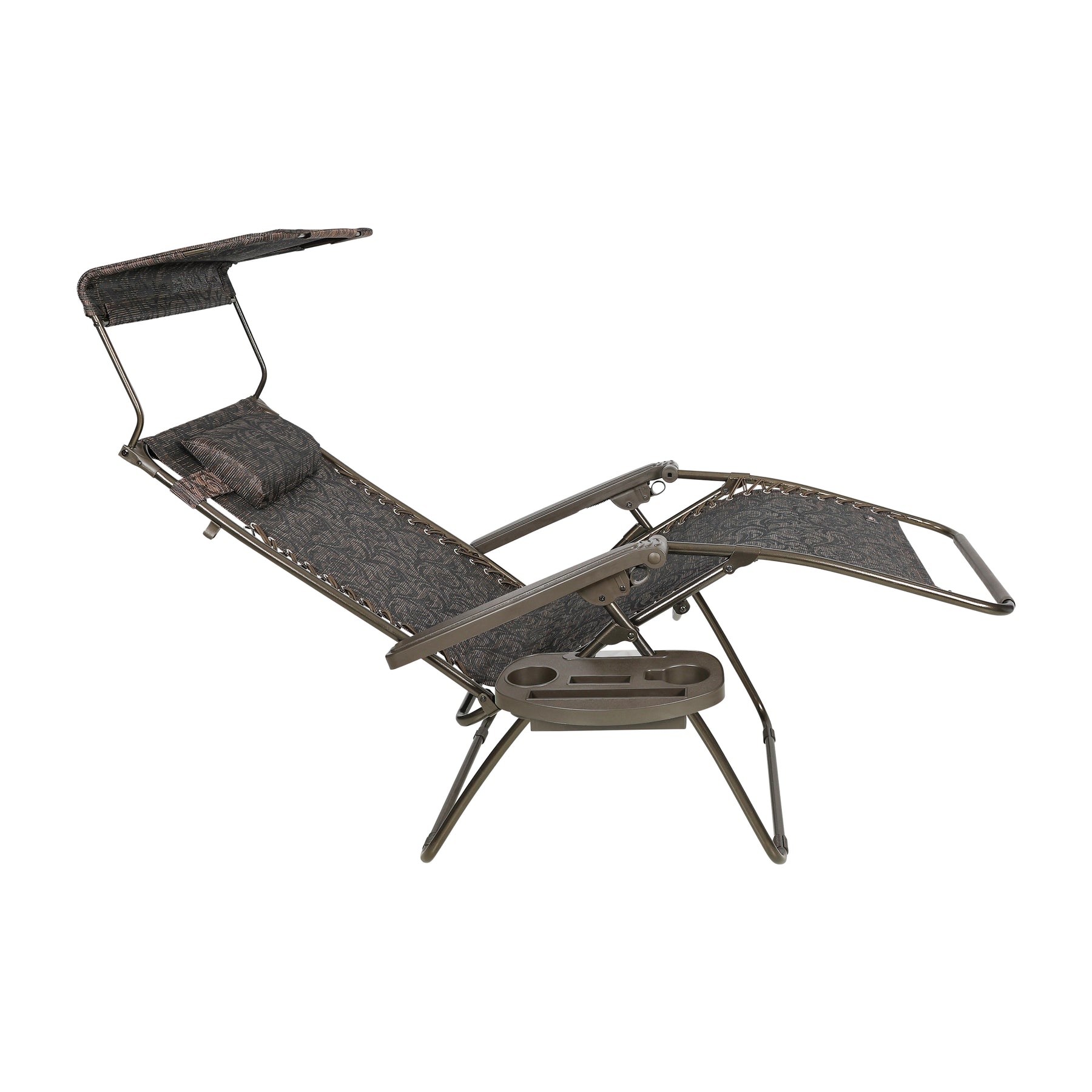 Side view of a reclined Bliss Hammocks 26-inch Wide Zero Gravity Chair with Canopy, Pillow, and Drink Tray in the brown jacquard variation.
