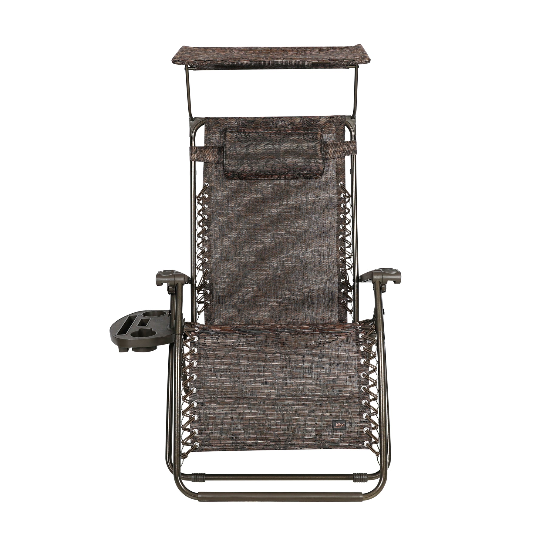 Front view of the Bliss Hammocks 30-inch Wide XL Zero Gravity Chair with Adjustable Canopy Sun-Shade, Drink Tray, and Adjustable Pillow in the brown jacquard variation.