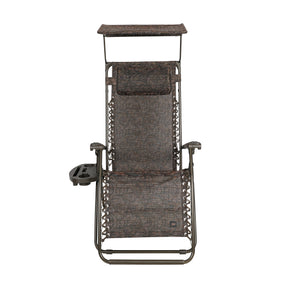 Front view of the Bliss Hammocks 26-inch Wide Zero Gravity Chair with Canopy, Pillow, and Drink Tray in the brown jacquard variation.