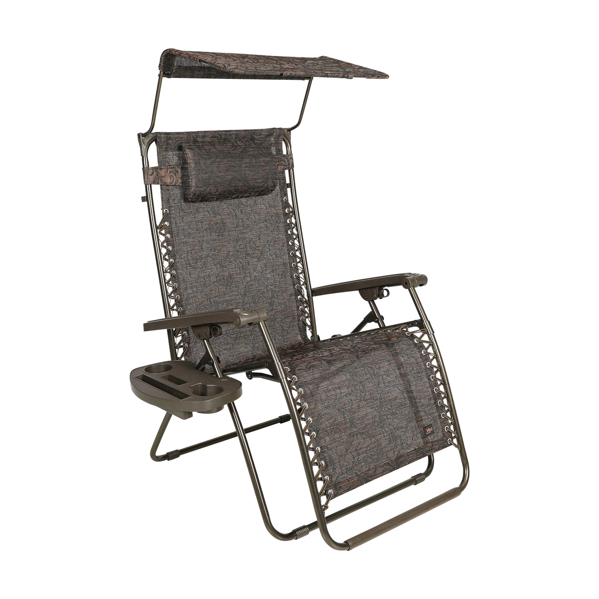 Bliss Hammocks 30-inch Wide XL Zero Gravity Chair with Adjustable Canopy Sun-Shade, Drink Tray, and Adjustable Pillow in the brown jacquard variation.