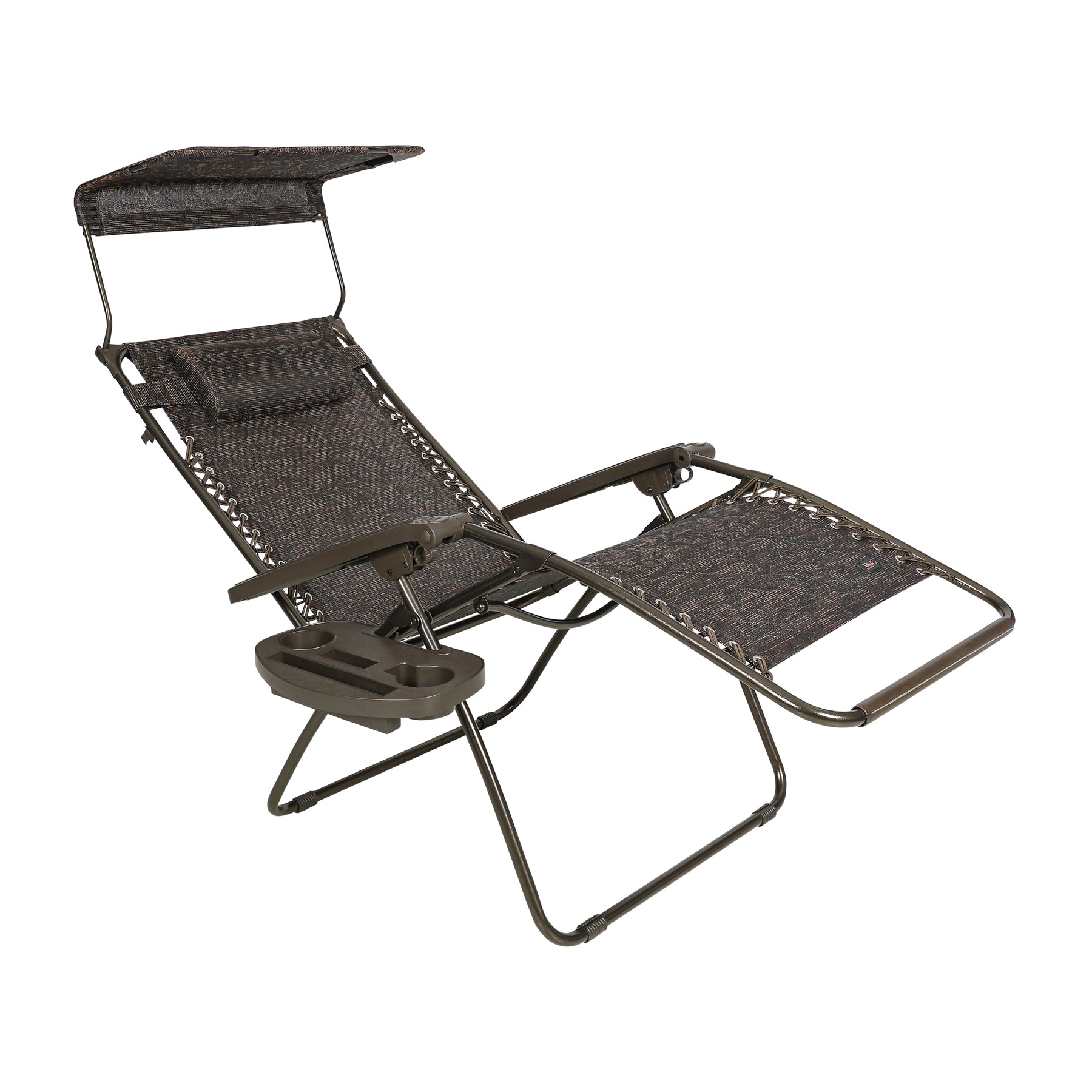 Angled view of a reclined Bliss Hammocks 30-inch Wide XL Zero Gravity Chair with Adjustable Canopy Sun-Shade, Drink Tray, and Adjustable Pillow in the brown jacquard variation.