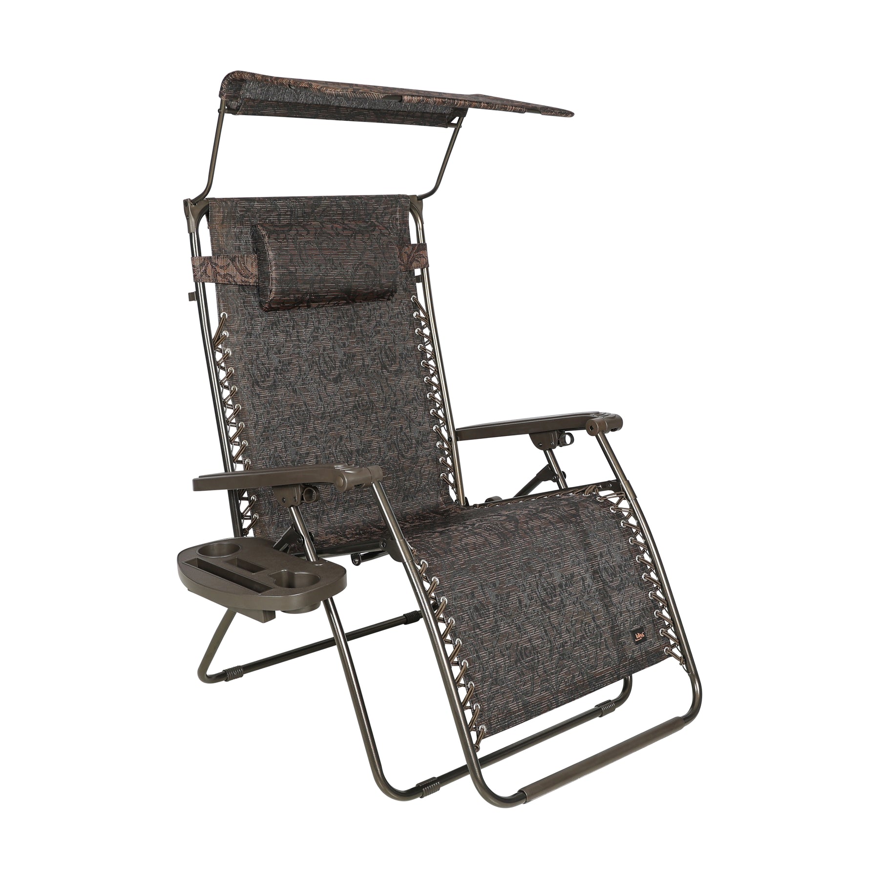 Bliss Hammocks 33-inch Wide XXL Zero Gravity Chair with Adjustable Canopy Sun-Shade, Drink Tray, and Adjustable Pillow in the brown jacquard variation.