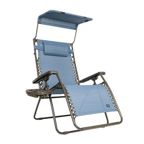 Bliss Hammocks 30-inch Wide XL Zero Gravity Chair with Adjustable Canopy Sun-Shade, Drink Tray, and Adjustable Pillow in the denim blue variation.