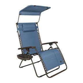 Bliss Hammocks 33-inch Wide XXL Zero Gravity Chair with Adjustable Canopy Sun-Shade, Drink Tray, and Adjustable Pillow in the denim blue variation.