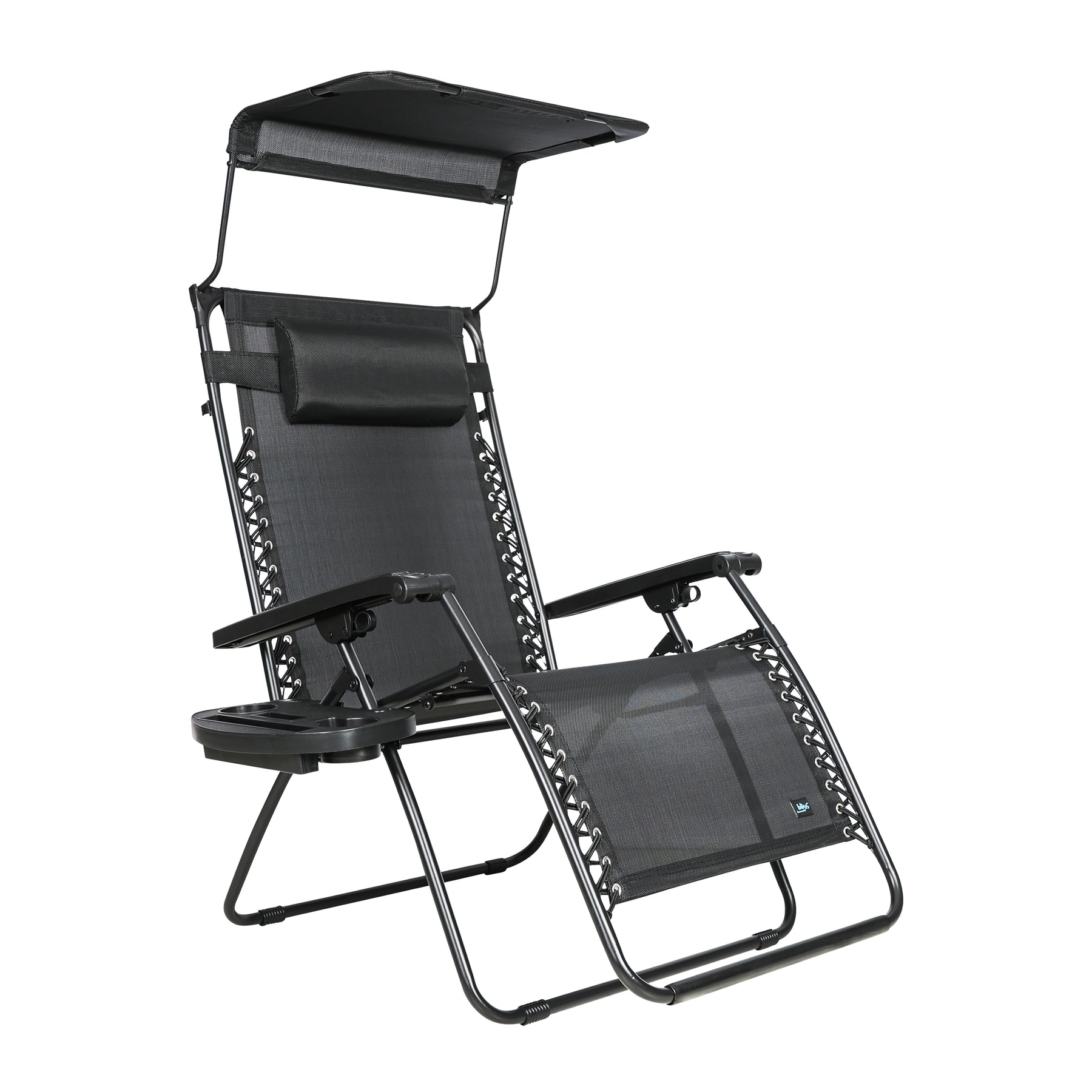 Bliss Hammocks 30-inch Wide XL Zero Gravity Chair with Adjustable Canopy Sun-Shade, Drink Tray, and Adjustable Pillow in the black variation.