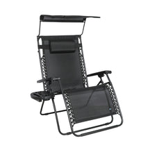 Bliss Hammocks 33-inch Wide XXL Zero Gravity Chair with Adjustable Canopy Sun-Shade, Drink Tray, and Adjustable Pillow in the black variation.