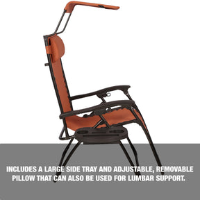 Includes a large side tray and adjustable, removable pillow that can also be used for lumbar support.