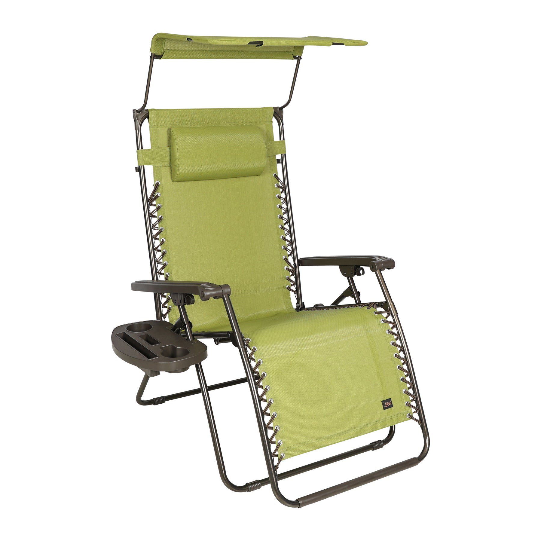 Bliss Hammocks 33-inch Wide XXL Zero Gravity Chair with Adjustable Canopy Sun-Shade, Drink Tray, and Adjustable Pillow in the sage green variation.