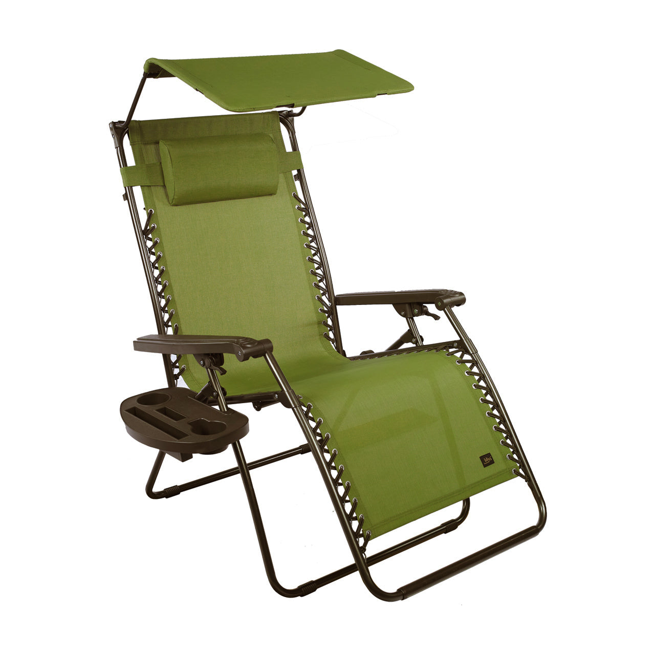 Bliss Hammocks 30-inch Wide XL Zero Gravity Chair with Adjustable Canopy Sun-Shade, Drink Tray, and Adjustable Pillow in the sage green variation.