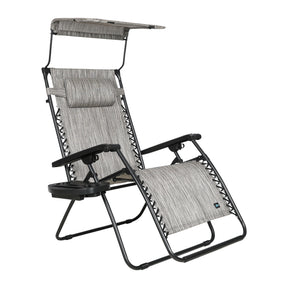 Bliss Hammocks 30-inch Wide XL Zero Gravity Chair with Adjustable Canopy Sun-Shade, Drink Tray, and Adjustable Pillow in the platinum variation.