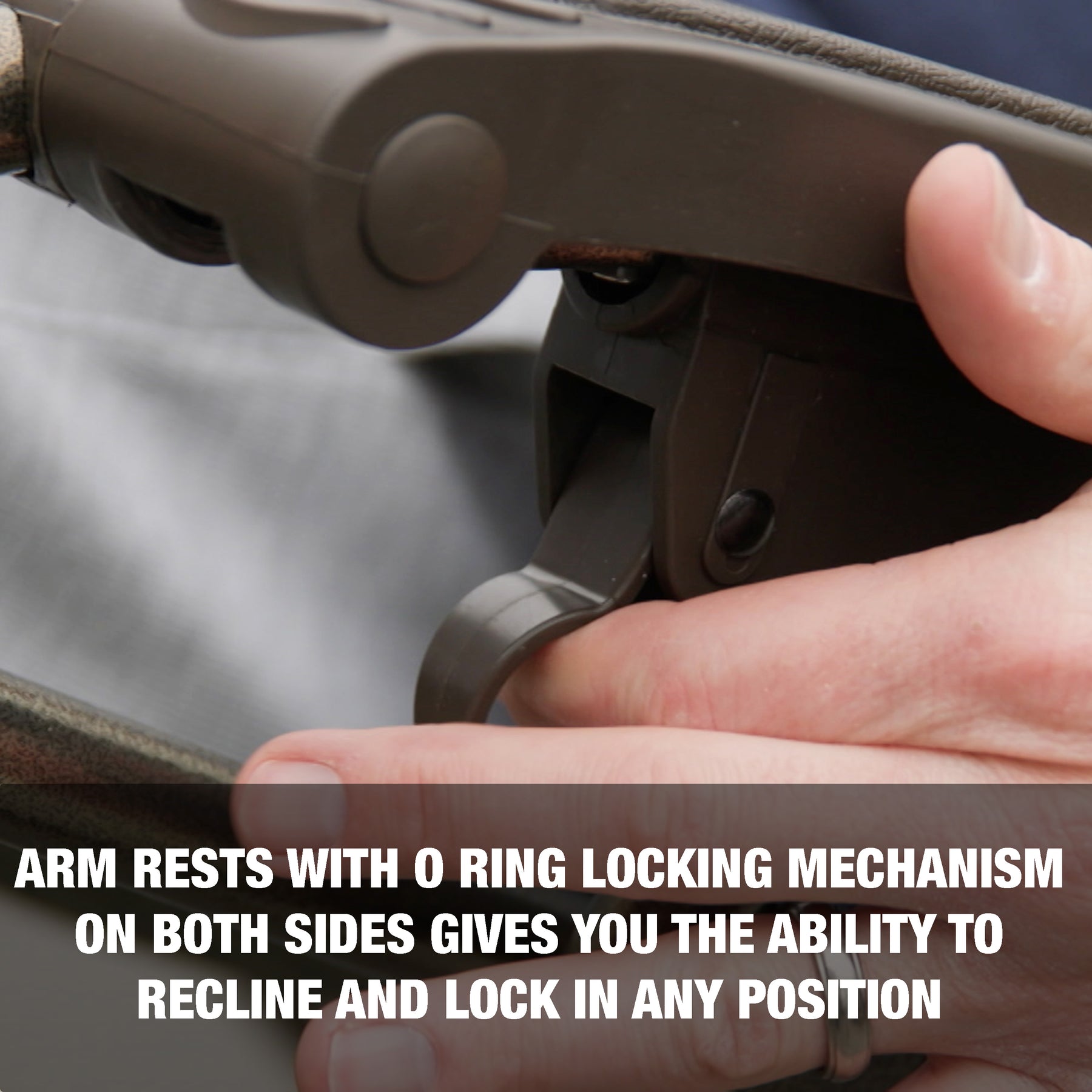 Arm rests with O-ring locking mechanism on both sides gives you the ability to recline and lock in any position.
