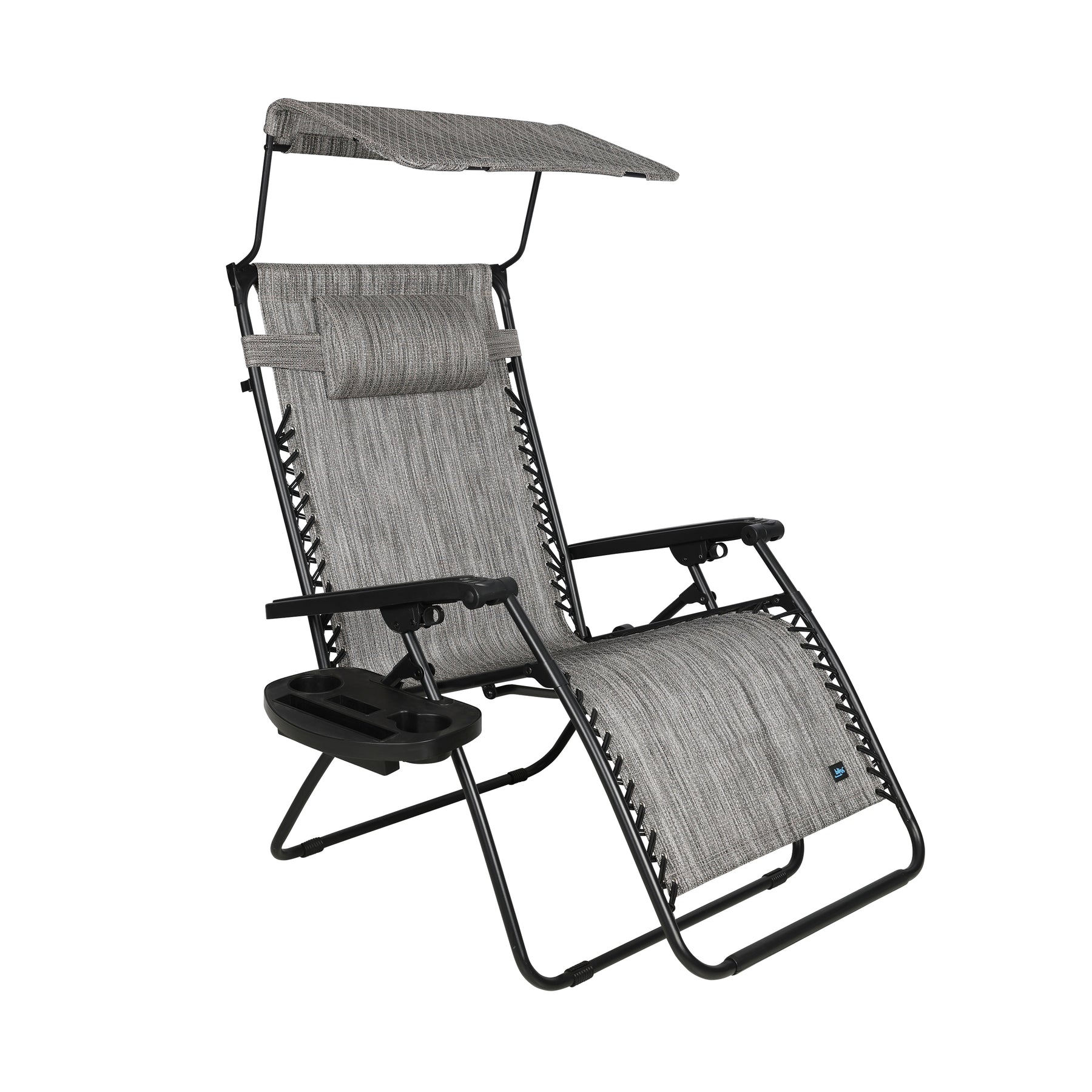 Bliss Hammocks 33-inch Wide XXL Zero Gravity Chair with Adjustable Canopy Sun-Shade, Drink Tray, and Adjustable Pillow in the platinum variation.