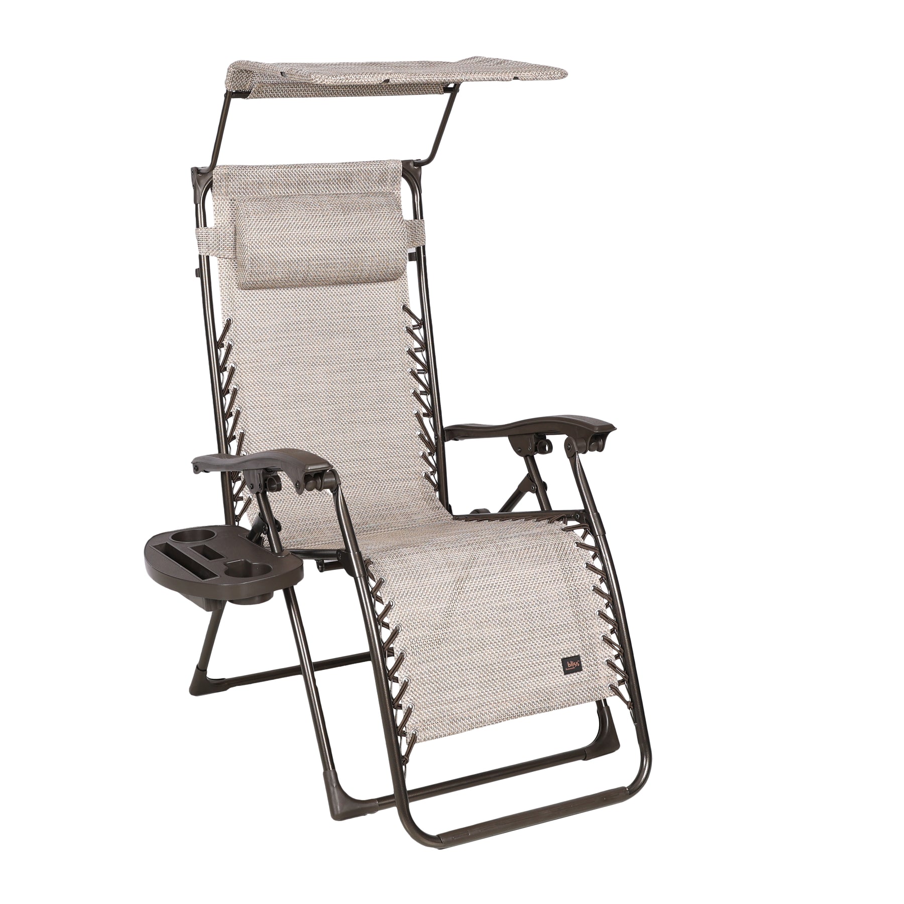 Bliss Hammocks 26-inch Wide Zero Gravity Chair with Canopy, Pillow, and Drink Tray in the sand variation.